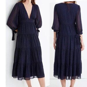 NWT Madewell Clipdot Tie-Sleeve Tiered Midi Dress 00 Navy Purple AL287